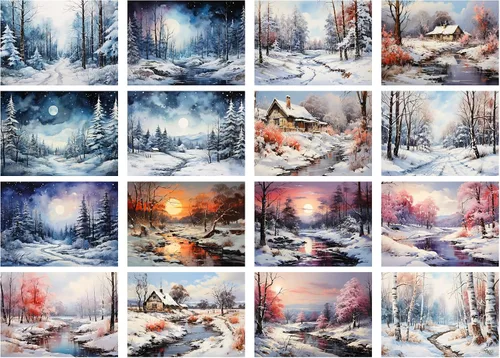Miniatura 2 de Paquete de papel Decoupage (35 hojas de 6 x 8 pulgadas), hermosos paisajes serenos de cabañas y bosques en invierno, FLONZ - Tarjetas de ilustración