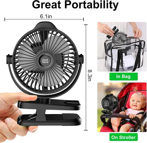 Miniatura 8 de Minthouz Ventilador de clip – Ventilador pequeño recargable USB C de 8000 mAh con indicador de nivel de batería, rotación de 720° de bajo ruido