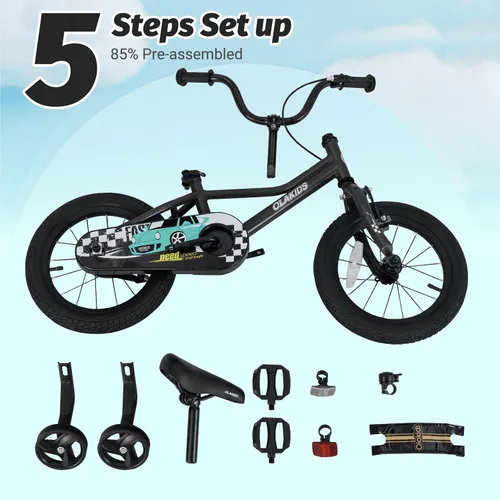 Miniatura 9 de Olakids Bicicleta para niños, 12, 14, 16, 18 pulgadas, con ruedas de entrenamiento, asiento ajustable y manillar, freno y freno de mano, bicicleta