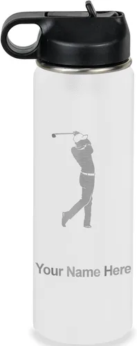 Miniatura 72 de LaserGram Botella de agua personalizada, golfista de golf, acero inoxidable de doble pared aislada al vacío con popote superior, regalo grabado Negro