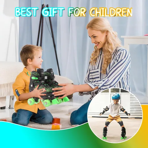 Miniatura 7 de Patines de ruedas Nattork para niños y niñas, patines cuádruples ajustables en 4 tallas para niños con ruedas iluminadas, genial regalo de Verde