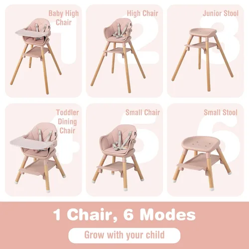 Miniatura 2 de BABY JOY Silla Alta para Bebé, Trona Convertible de Madera 6 en 1 para Bebés y Niños Pequeños con Patas Ajustables, Doble Bandeja Extraíble, Arnés
