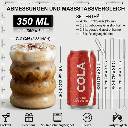 Miniatura 2 de ALINK Juego de 4 vasos de vidrio acanalados para beber con pajitas, vasos de café helado estéticos de 12 onzas, vaso con burbujas onduladas