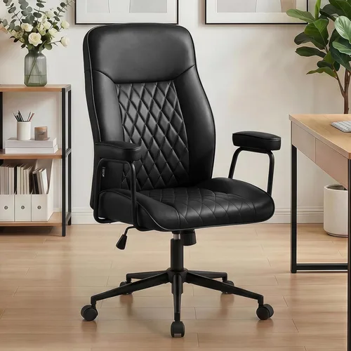 Miniatura 11 de Furniliving Silla de oficina negra y dorada, sillas de oficina de cuero, silla de tocador ajustable con patas doradas y reposabrazos acolchado