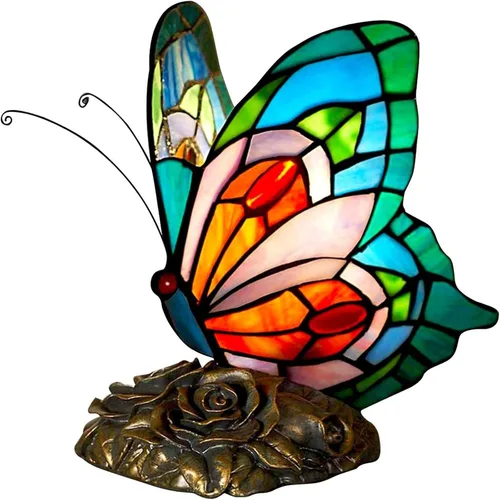 Lámpara de Mesita LED Azul Tiffany Mariposa Nocturna con Interruptor de Encendido/Apagado, Lámpara de Escritorio de Vidrio Manchado, Luz Nocturna