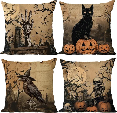 Fundas de almohada de Halloween de 12 x 12 pulgadas, juego de 4 fundas de almohada decorativas vintage de Halloween con diseño de calavera,