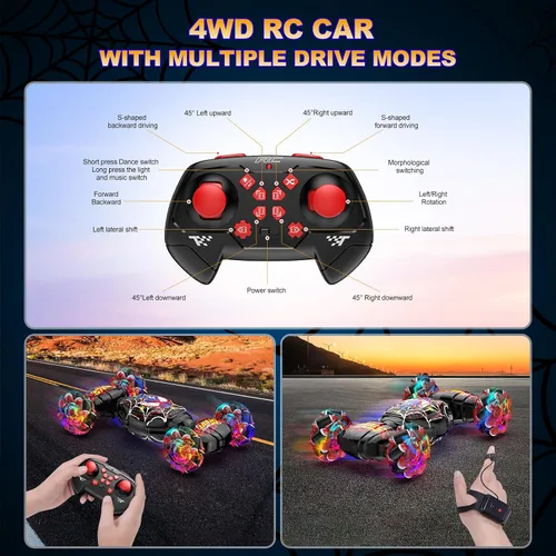 Miniatura 7 de Nikuku Auto de acrobacias RC con detección de gestos, auto de control remoto controlado a mano 4WD con rotación de 360°, juguete de deriva de 2.4