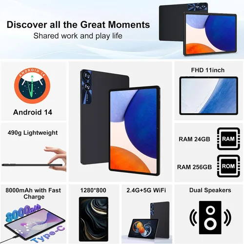 Miniatura 2 de Tableta 11 pulgadas Android 14 Tabletas, 24GB+256GB+1TB Expand, tableta Android con 8000mAh, Octa-Core, 13MP+5MP Cámara, Pantalla táctil IPS, WiFi