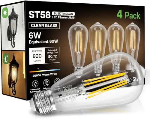 Miniatura 12 de Bombillas del amanecer al anochecer, 6 W equivalente a 60 W, blanco suave 2700 K, base E26, detección de luz, estilo vintage ST58, 600 lm, bombillas
