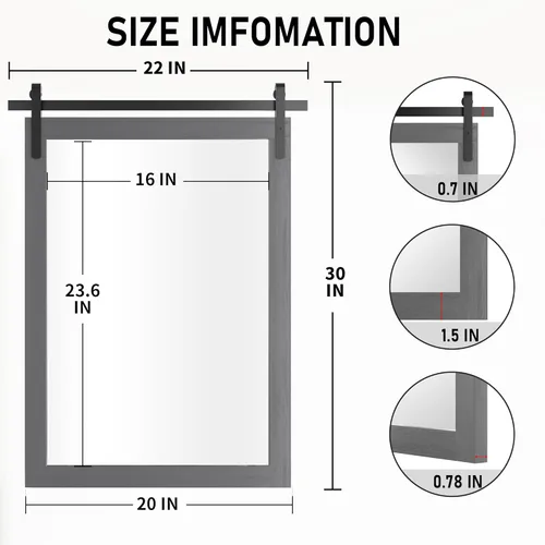 Miniatura 8 de Clavie Espejo de pared rústico con marco de madera horizontal, espejo de baño con marco de madera, espejo decorativo estilo puerta de granero, 22 x