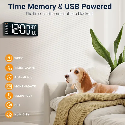 Miniatura 6 de Reloj de pared digital de 10": Reloj de doble alarma con montaje en pared, decoración para sala de estar, aula, escritorio de oficina, regalos