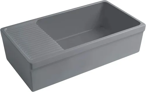 Whitehaus Collection WHQD540-M-Cement - Fregadero de cocina de arcilla refractaria reversible grande de 36 pulgadas: tablero de drenaje integral,
