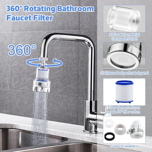 Miniatura 2 de Paquete de 3 grifos de filtro de agua para fregadero, filtro giratorio de 360° para fregadero de baño y cocina, 3 modos de filtro de grifo de baño