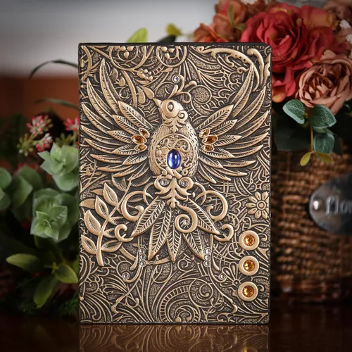 Miniatura 5 de Diario sin forro – Phoenix Brass 3D con diseño de arte en relieve de tapa dura en blanco, cuaderno de bocetos A5 con 2 marcadores, 8.4 x 5.7 Phoenix