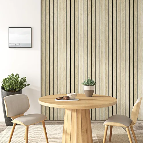 Miniatura 5 de Wallercity Paneles acústicos de listones de madera marrón claro para decoración elegante, reducción de ruido, paneles de grano de madera con textura