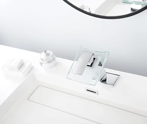 Miniatura 7 de Grifo de baño con salida de agua en cascada, diseño moderno, de un solo mango, un solo agujero, grifo de lavamanos de vidrio, cromado, de latón Cromo