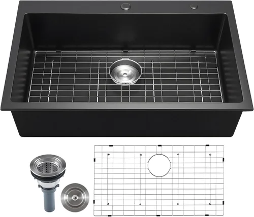 Miniatura 12 de VEVOR Fregadero de cocina de 33 pulgadas, fregadero de granito de montaje superior, lavabo de granja de un solo tazón con múltiples accesorios