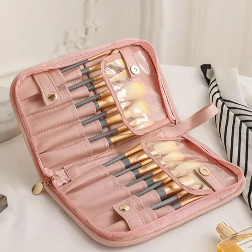 Miniatura 3 de Soporte para brochas de maquillaje, organizador de brochas de maquillaje de cuero PU de agua, 20 bolsillos, bolsa de cepillo de maquillaje de viaje
