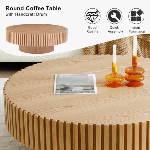 Miniatura 6 de Mesa de centro redonda acanalada de 31.49 pulgadas para sala de estar, mesa de café moderna de mediados de siglo con pedestal resistente, mesa