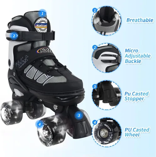 Miniatura 3 de Nattork Patines de ruedas para niños y niñas, 4 tamaños ajustables con ruedas iluminadas para niños principiantes para interiores y exteriores Negro