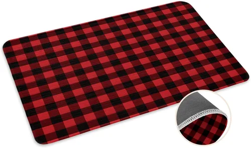 Tapetes de Navidad para Exteriores/Interiores con Patrón Rústico de Cuadros de Búfalo Rojo y Negro Antideslizantes, Tapete de Bienvenida para Puerta