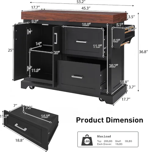 Miniatura 2 de LUMISOL Carrito de cocina con 2 cajones extra grandes, estante para especias y toallas, isla de cocina con escritorio de 3.5 pulgadas de grosor