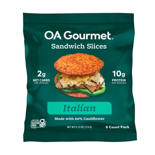 Outer Aisle Pan de coliflor | Pan de sándwich de coliflor "italiano" Keto, sin gluten, bajos en carbohidratos | Paquete de 5 | 30 Thins | Italiano
