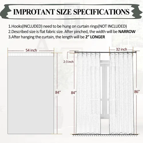 Miniatura 7 de Cortinas plisadas negras traslúcidas de 84 pulgadas de largo, 2 paneles para dormitorio, lino texturizado, ganchos transparentes para pista