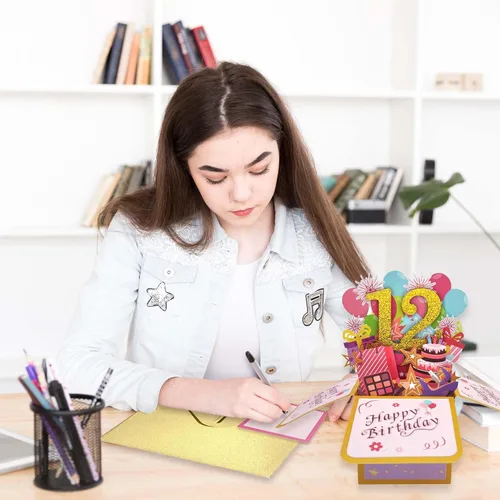 Miniatura 4 de Asmallgf Dulce Tarjeta de Cumpleaños Desplegable del 12º Cumpleaños para Niña y Niño, Gran Regalo de Cumpleaños de 12 Años para Hija, Sobrina
