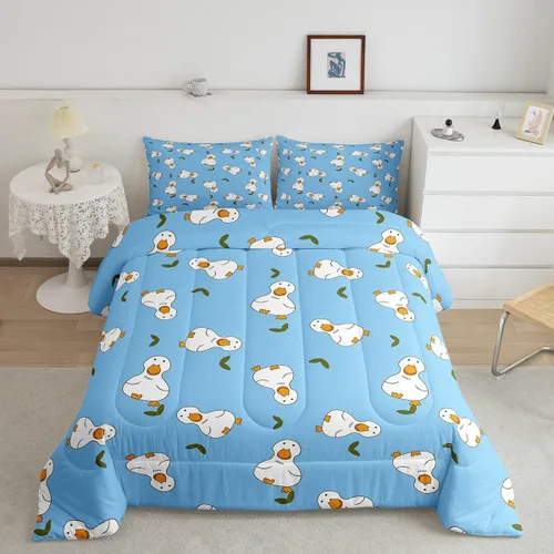 Miniatura 37 de Erosebridal Juego de ropa de cama a cuadros azul para niños, juego de cama individual con diseño de patos amarillos de dibujos animados, juego