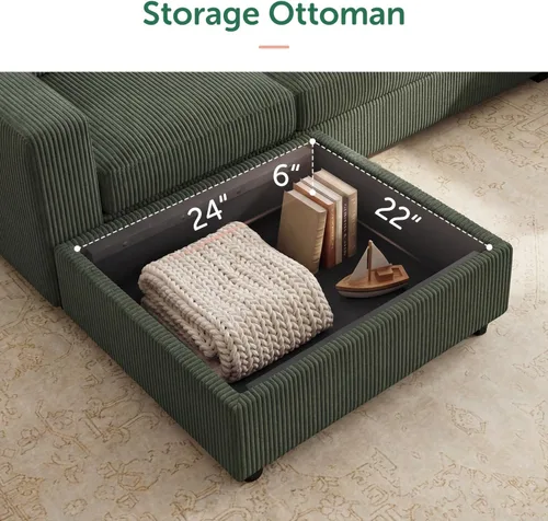 Miniatura 5 de HONBAY Sofá modular de pana con almacenamiento en forma de L para sala de estar, sofá seccional de 6 plazas, color beige