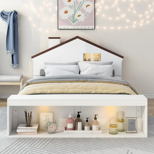Miniatura 23 de Cama de plataforma de madera de tamaño individual con cabecera en forma de casa, soporte de listones de madera, para dormitorio de niños, niñas