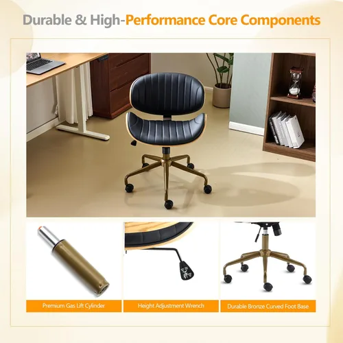 Miniatura 7 de VINGLI Silla giratoria de oficina en casa amplia y cómoda con carcasa curvada de grano de madera, silla de escritorio ergonómica acolchada sin negro