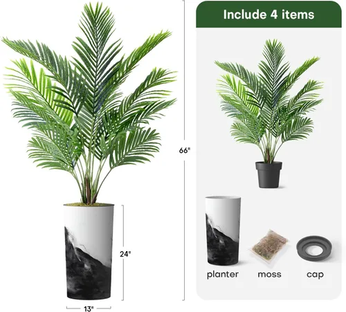Miniatura 3 de Árbol artificial en maceta contemporánea, palmera tropical areca artificial de seda para decoración del hogar en interiores y exteriores, altura