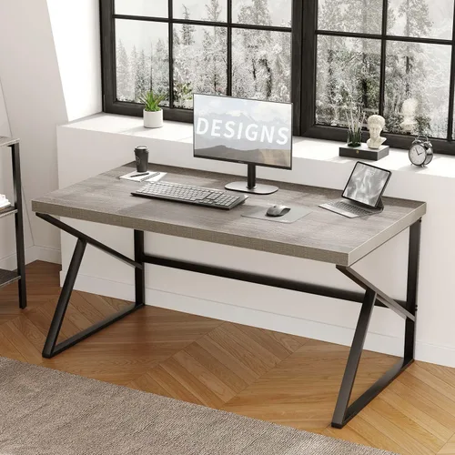 Miniatura 3 de HSH Escritorio para computadora gris, escritorio de madera y metal industrial para oficina en casa, escritorio rústico de granja para PC, laptop