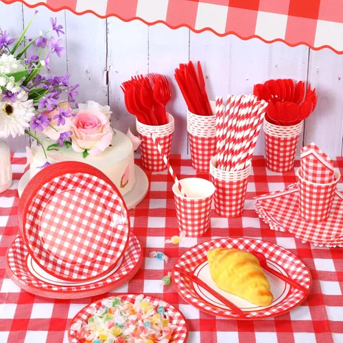Miniatura 3 de Sieral 200 piezas de suministros de fiesta de cuadros rojos para 25 invitados, kits de vajilla desechable con platos de papel, vasos, servilletas