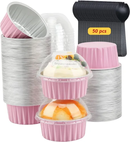 Miniatura 12 de Jumbo 5oz 148ml de papel de aluminio para cupcakes con tapas, juego de 50, Free-Air, ramequines desechables, moldes para magdalenas, mini moldes