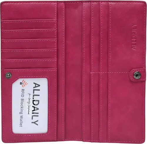 Alldaily Ultra Delgado Fina Cartera para Mujer Bloqueo RFID Titular de Tarjetas de Crédito Bifold Largo Billfold Damas, Fucsia púrpura, Minimalista