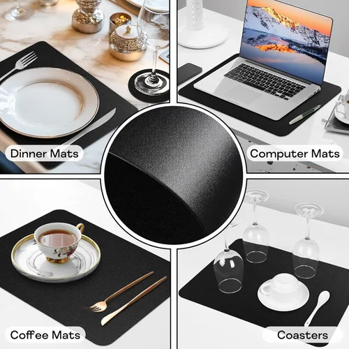 Miniatura 7 de Juego de 6 manteles individuales de vinilo, impermeables, de piel sintética, resistentes al calor, para cocina, comedor, decoración, exteriores Negro