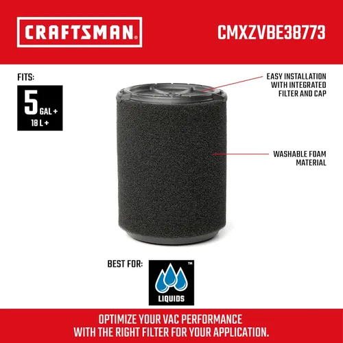 Miniatura 2 de CRAFTSMAN CMXZVBE38773 Filtro genuino para aspiradora húmeda y seca de aplicación húmeda para la mayoría de aspiradoras CRAFTSMAN de 5 a 20 galones