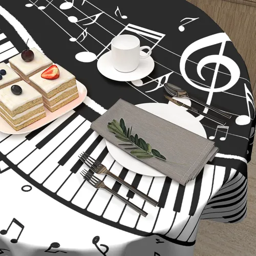 Miniatura 5 de Mantel redondo de música de 60 pulgadas – Mantel de piano clásico negro y blanco para mesa de instrumentos musicales para cocina, patio, picnic al