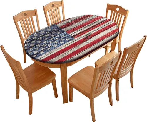 Miniatura 26 de Mantel de mesa ovalado con bandera estadounidense, mantel con bandera estadounidense sobre madera, cubierta elástica ajustada para el día