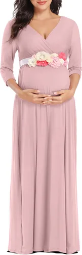 Kim S Vestido largo de maternidad con banda de flores (S-3XL), vestido de fiesta baby shower con cuello en V fruncido