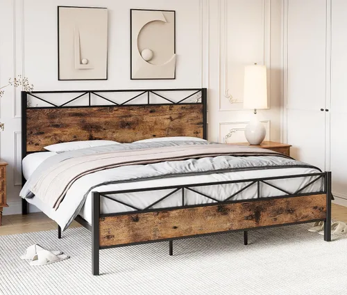 Miniatura 5 de GAOMON Base de cama tamaño Queen, marco de cama de plataforma de metal con cabecera y estribo de madera rústica vintage, sin ruido, fácil montaje