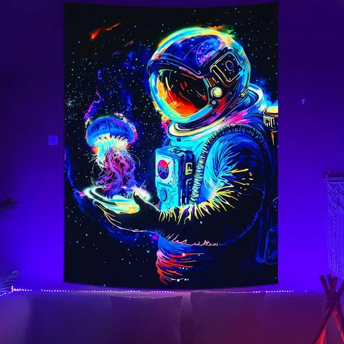 Miniatura 11 de Accnicc Tapiz espacial de astronauta con luz negra para dormitorio, estético, reactivo a los rayos UV, neón espacial, medusa, galaxia, tapices