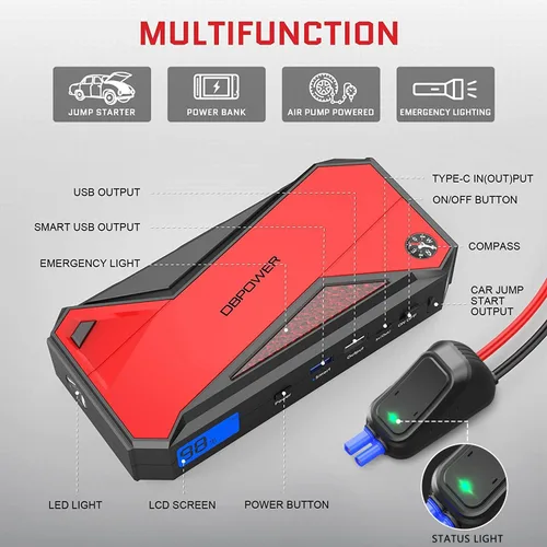 Miniatura 5 de DBPOWER Arrancador de coche portátil Peak 1600A 18000mAh (hasta 7.2 gasolina, motores diésel de 5.5L) con puerto de carga inteligente, pantalla LCD