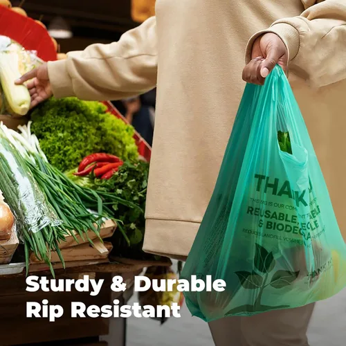 Miniatura 7 de FMP Brands Bolsas de plástico biodegradables ecológicas – 100 unidades con asas, bolsas de compras para camisetas de agradecimiento a granel