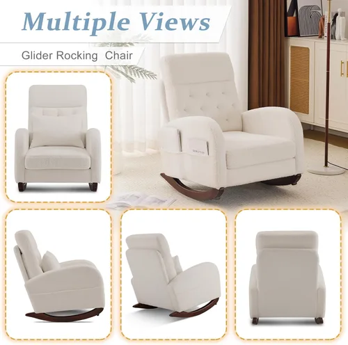 Miniatura 6 de VINGLI Silla de columpio de felpa de estilo teddy con asiento bajo, silla de columpio tapizada en bouclé para cuarto de bebé con bolsillos Forro