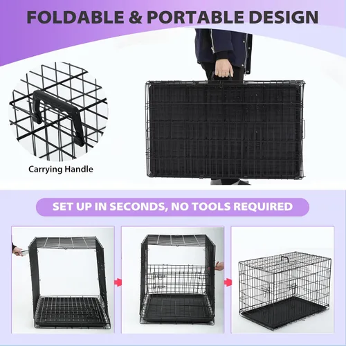 Miniatura 6 de BestPet Jaula para perros 30 pulgadas Negro Perrera de metal plegable con puertas dobles, pestillos seguros de perno deslizante, bandeja a