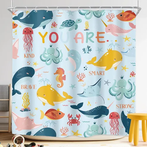 Miniatura 14 de Riyidecor Ocean - Cortina de ducha para niños, 60 pulgadas de ancho x 72 pulgadas de alto, diseño de ballena, dibujos animados, animales, delfín